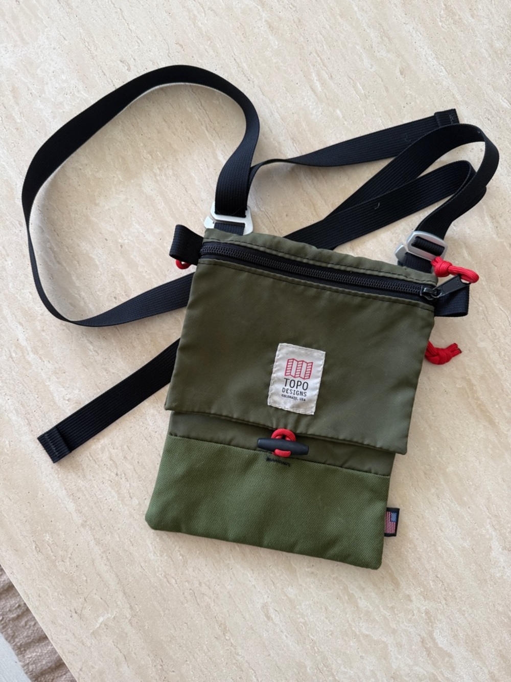 Topo Designs Olive Green Crossbody Sling Bag with Black Strap